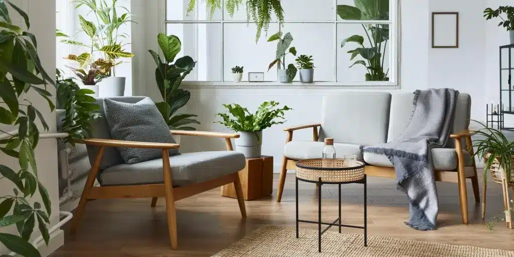 A bright room with an armchair, a sofa with a blanket and house plants. Telehealth counseling anywhere in Oregon.