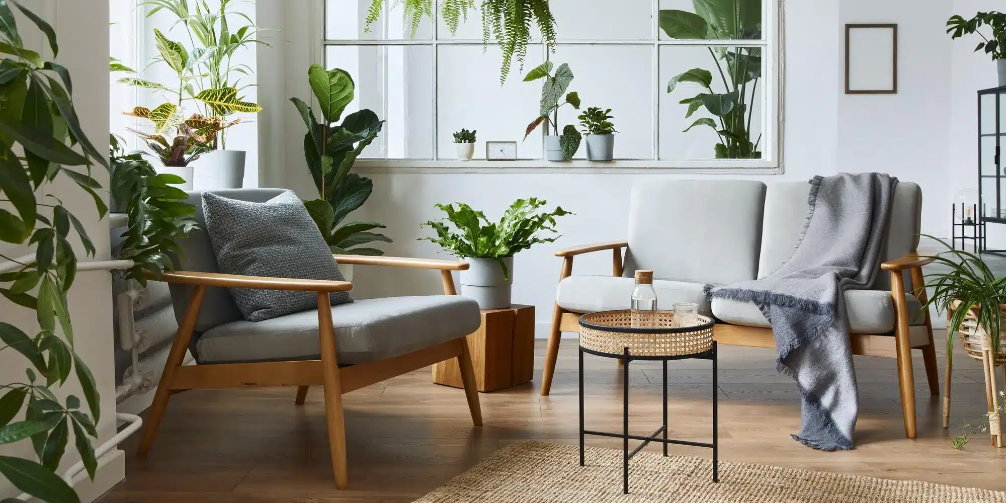 A bright room with an armchair, a sofa with a blanket and house plants
