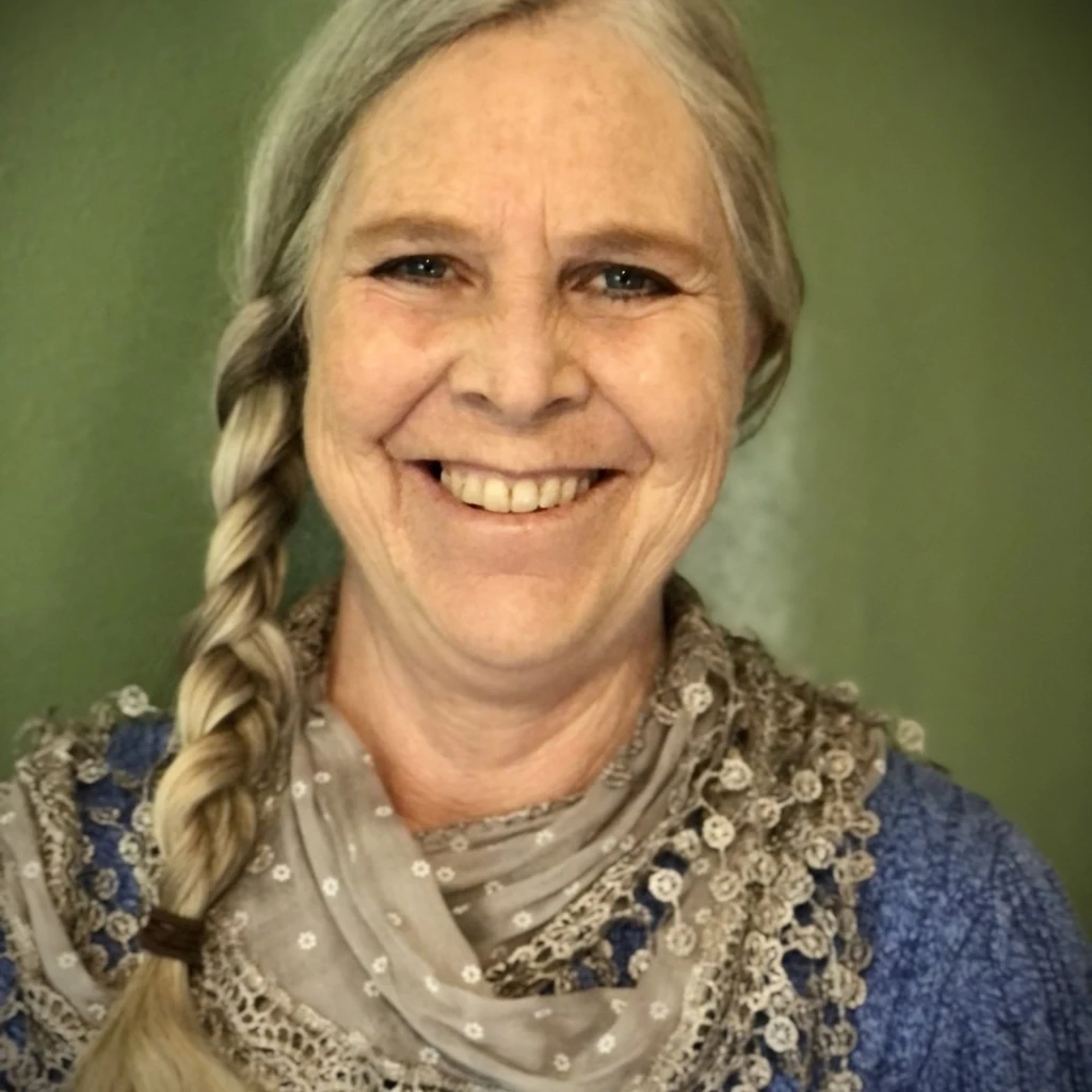 Susan Robens, smiling, in front of a green wall. Counseling for children, teens, adults and families near Tigard, Oregon.